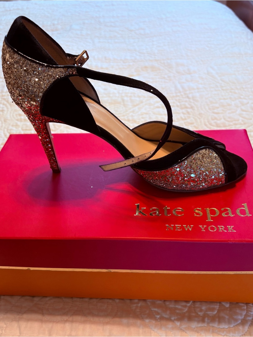 kate spade Black and Silver Glitter Cross-Strap Peep-Toe Heels